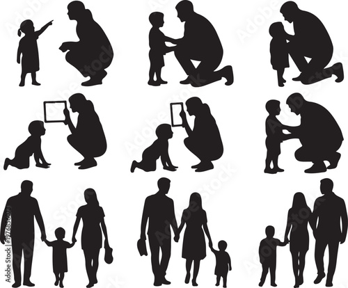 Diverse silhouettes of adults and children in various family interactions and activities