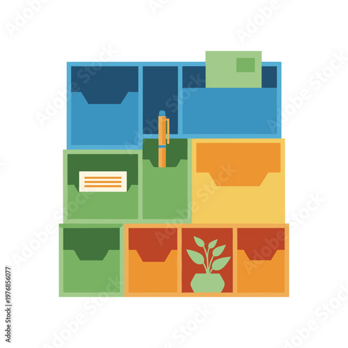 Wall organizer with multiple compartments holding office supplies and small potted plant illustration.