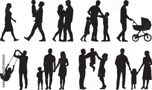 Diverse silhouettes of people engaging in various daily activities and interactions