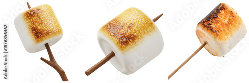 Photos Delicious roasted marshmallows on sticks, showing golden-brown caramelization, ready for a sweet treat