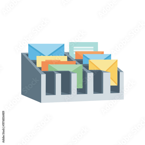Desk mail sorter with envelopes and letters for incoming communication featuring grey organizer with multiple slots for sorting postcards and business correspondence in office workspace environment.