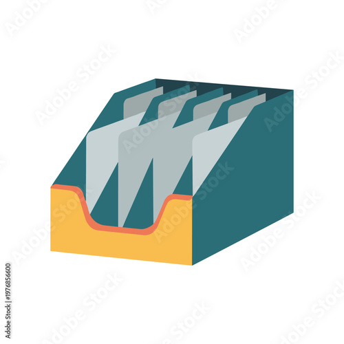 Professional desk file box with dividers for paper storage featuring dark blue tray and orange front for office document management and systematic archiving of business reports and company files.