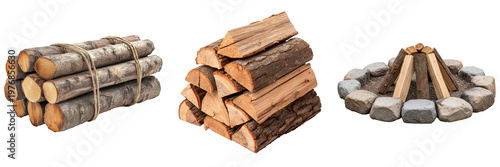 Photos Collection of firewood in stacks and a stone fire pit, essential elements for outdoor campfires