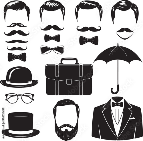 Vintage gents accessories and attire icon set