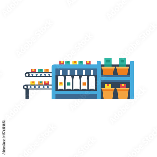 Factory production line with automated filling and packaging bottles items on conveyor belt manufacturing process industrial equipment facility.