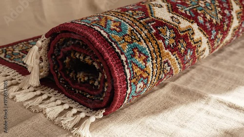 Rolled persian carpet with intricate geometric patterns and fringe, rich red and blue tones, decorative home textile detail