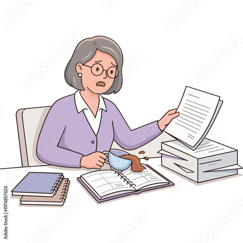 Woman sits at desk holding papers with shocked expression beside notebooks