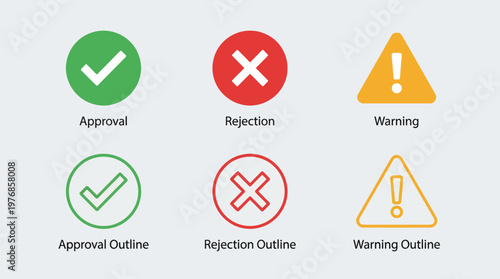 Colorful icons representing approval rejection and warning with text labels below