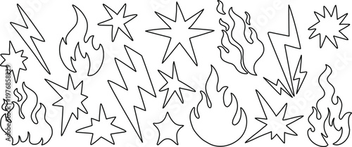 Cartoon fire and lightning doodle vector set with flames, sparks, and star bursts. Hand drawn outline elements for comic effects, energy themes, and dynamic designs. Minimal black line collection idea