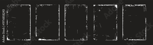 Grunge square frame vector set with distressed borders and worn edges. Rough vintage box outlines for posters, photos, and creative layout designs. Monochrome textured frames ideal for branding,