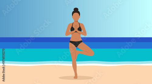 A faceless woman in a dark bikini balances perfectly in tree pose on a sandy beach, framing herself against the beautiful, layered bands of vivid blue ocean water and an entirely cloudless summer sky