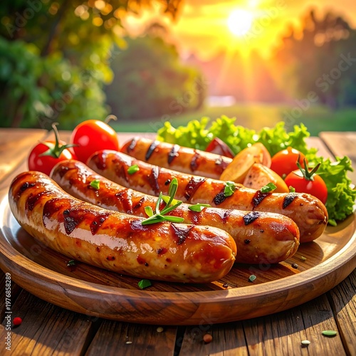 Grilled sausages on plate with vegetables outdoors at sunset