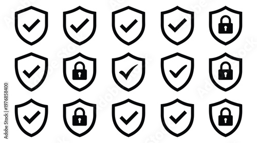 Shield security icons collection, protection and privacy symbols with check mark and lock for cybersecurity safety design applications interfaces branding