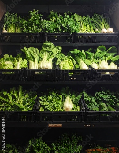 Crates of leafy green vegetables stacked