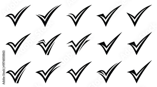 Collection of black check mark icons representing completion approval success and positive confirmation