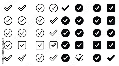 Check tick mark icon set. Cross box x check mark checkbox v list vector draw hand drawn sketch doodle brush marker checklist symbol wrong right circle. Vector Illustration