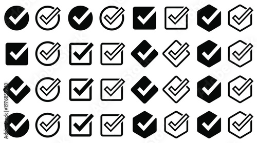 Collection of black and white checkmark icons in various shapes and orientations