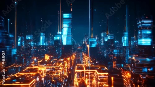 Smart city night skyline with glowing data stream vertical light beam network visualization