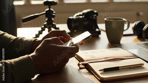 Using Smartphone While Writing in Notebook