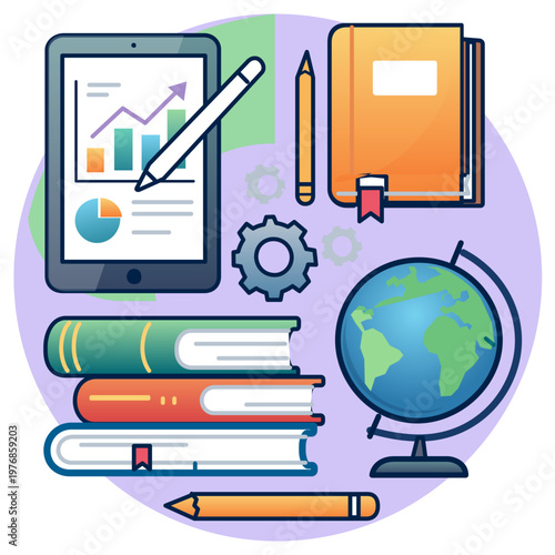 Global Academic Tools and Data Analysis Isolated on Transparent Background. A circular composition of educational elements including a tablet with charts, globe, and books. Vector illustration isolate