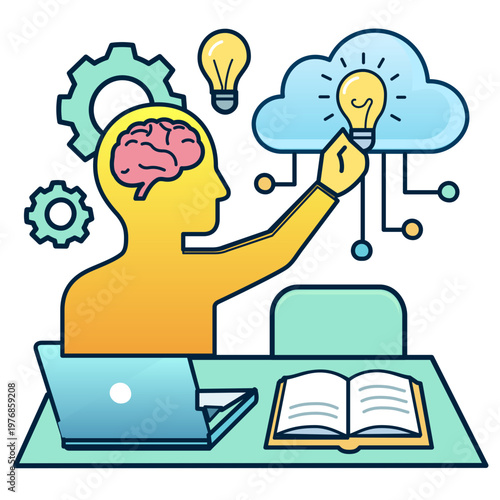 Digital Learning and AI Concept with Human Silhouette on Transparent Background. Modern vector graphic showing a human profile with a brain, reaching for a cloud-based idea. Isolated