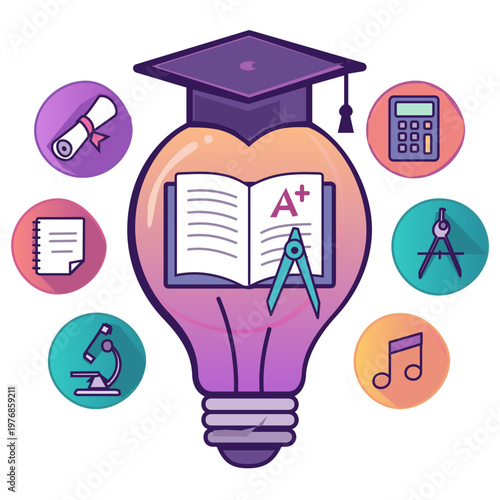 Creative Education Concept with Lightbulb and Academic Icons on Transparent Background. High-quality vector illustration of a heart-shaped lightbulb with a graduation cap, surrounded by school icons. 