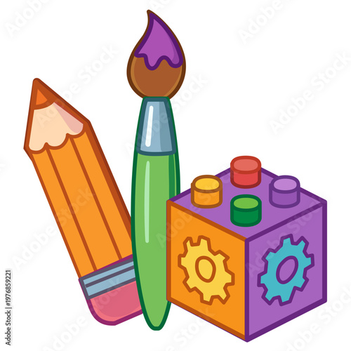 Creative Arts and Engineering Tools for Kids on Transparent Background. Fun educational vector showing a large pencil, a paintbrush with purple paint, and a toy block with gears. Isolated 