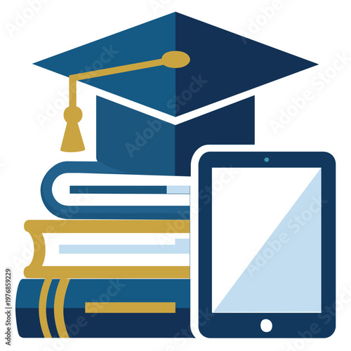 Digital Library and Higher Education Concept on Transparent Background. Composition of a graduation mortarboard cap on top of a stack of books next to a tablet. Isolated on a transparent background. 