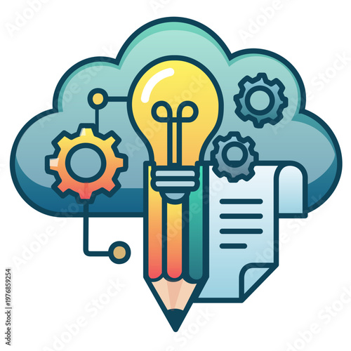 AI Writing and Creative Cloud Education Concept on Transparent Background. Modern vector illustration featuring a pencil with a lightbulb tip, gears, and a document set against a cloud background. 