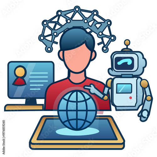 Digital Mentor and Robot Teacher AI Education Concept on Transparent Background. Vector graphic of a student interacting with a robot tutor and a digital globe. Features a neural network icon 