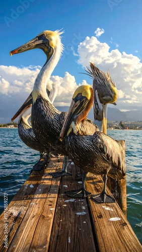 Pelicans on a wooden dock by the sea