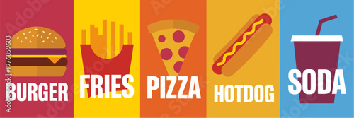Fast Food Banner Set Bold Flat Vector with Burger Fries Pizza Hotdog and Soda for Street Food Menu Design