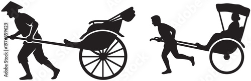 Silhouettes of two traditional Asian rickshaws being pulled and ridden by people in black and white