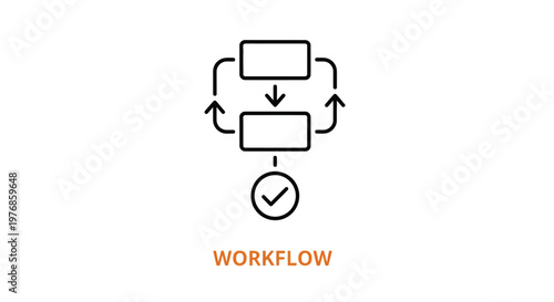 Simple vector graphic illustration showing a cyclical workflow process with rectangular boxes and a completed check mark icon