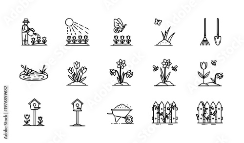 Gardening and landscaping outline icon set featuring tools plants and garden decor for sustainable farming and backyard design projects