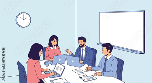 Professional business people in a modern vector illustration conducting a productive meeting, collaborating on projects with laptops and documents.