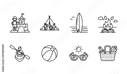Summer vacation and camping trip vector icon set featuring beach activities and outdoor recreation symbols for travel and leisure design