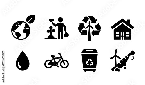 Sustainable living and environmental protection vector icon set for green energy ecology and eco-friendly lifestyle campaign design