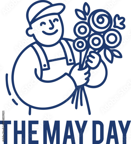 Smiling man in overalls and cap holding a bouquet of flowers with text The May Day