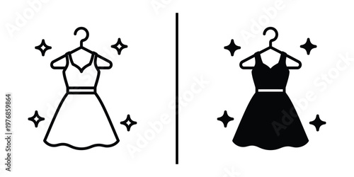 Elegant Women Dress on Hanger with Sparkles Vector Line Art and Silhouette Icon Set.
