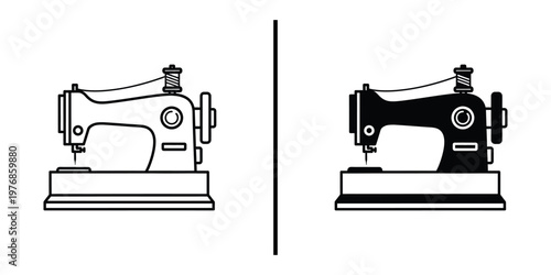 Vintage sewing machine icon set for tailor workshop and handmade fashion concept.