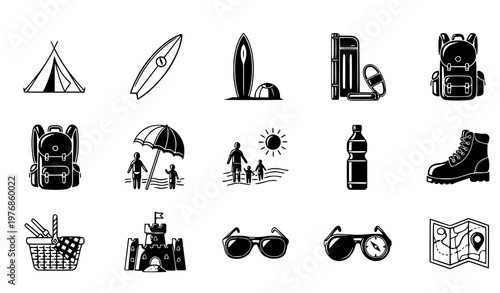 Travel hiking and beach vacation icons set featuring camping gear and outdoor exploration elements in professional vector graphic