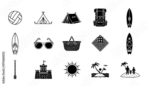Outdoor summer camping and beach adventure icons set featuring recreational equipment and travel activities in clean vector style