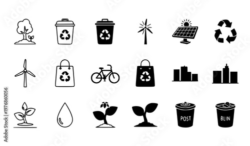 Sustainable living and recycling icons set featuring eco friendly habits and green energy solutions in professional black vector art