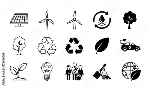 Eco friendly and sustainable living icons set featuring green energy and environmental conservation symbols in black vector graphic
