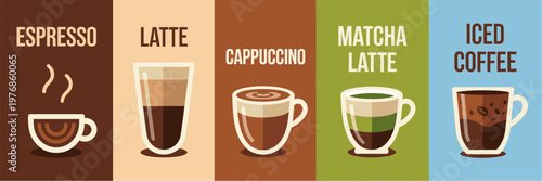 Coffee Menu Banner Set Flat Vector Cards with Espresso Latte Cappuccino Matcha and Iced Drinks Minimal Design