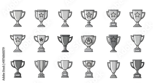 Set of different monochrome trophy cup vector illustrations used for rewarding winners in sports and business competitions
