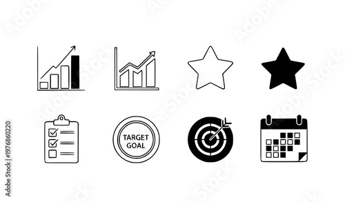 Business goal and performance tracking icons featuring black silhouette vector graphics for professional growth and strategic planning success