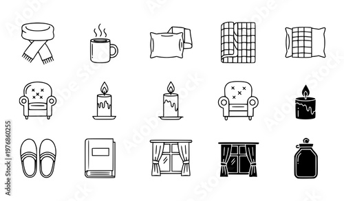 Cozy home comfort and relaxation icons featuring black silhouette vector graphics for hygge living and indoor lifestyle design elements