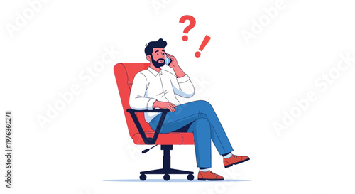 Confused man sitting in office chair talking on his smartphone while trying to solve a difficult business problem